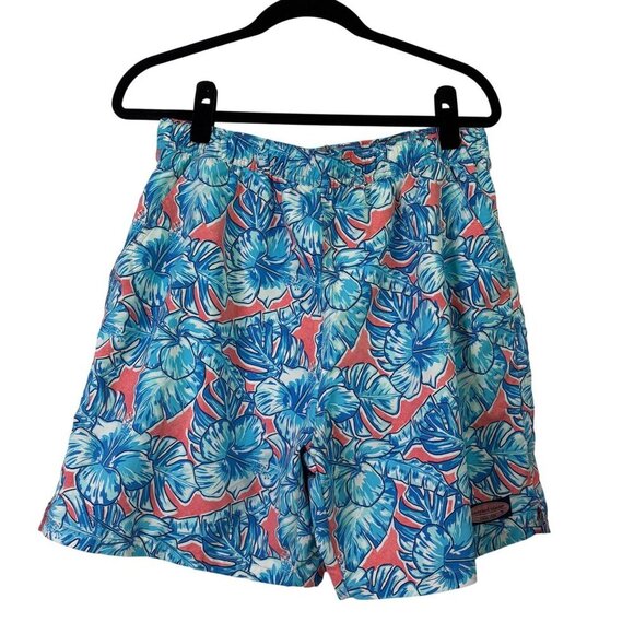 Vineyard Vines Tropical Blue Hibiscus Swim Trunks Elastic Waist Lined Size M - Picture 1 of 11